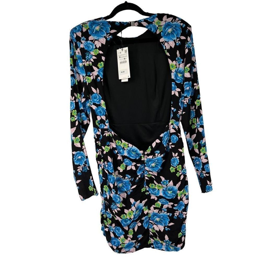 Zara Black Blue Floral Open Back Long Sleeve Dress Womens XL NWT - Picture 2 of 13